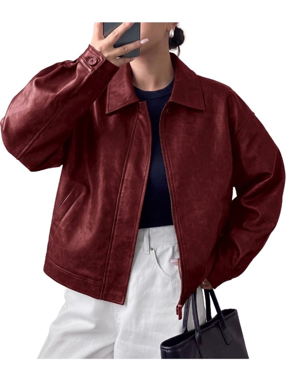 Chic Women's Oversized Faux Leather Motorcycle Jacket - Trendy & Stylish